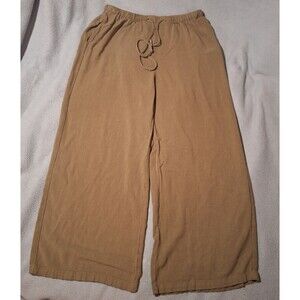 LILLUSORY-Linen/Rayon Brown Baggy Pants-Women L-Beach Elastic Waist Side Pockets